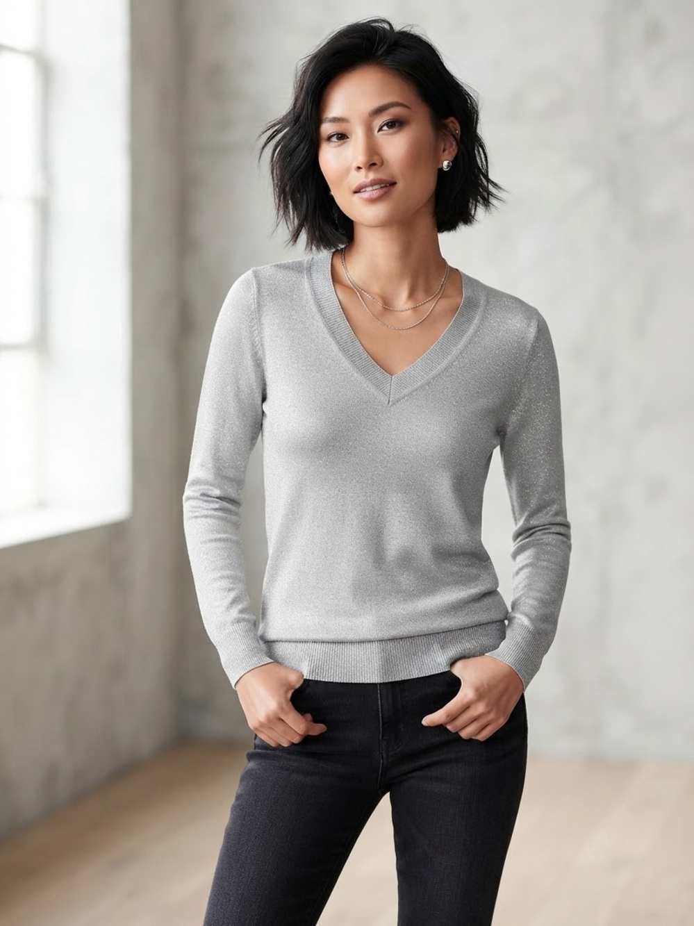 Banana Republic XS Sweater Metallic Shimmer V-Neck Gray Silk Blend Pullover